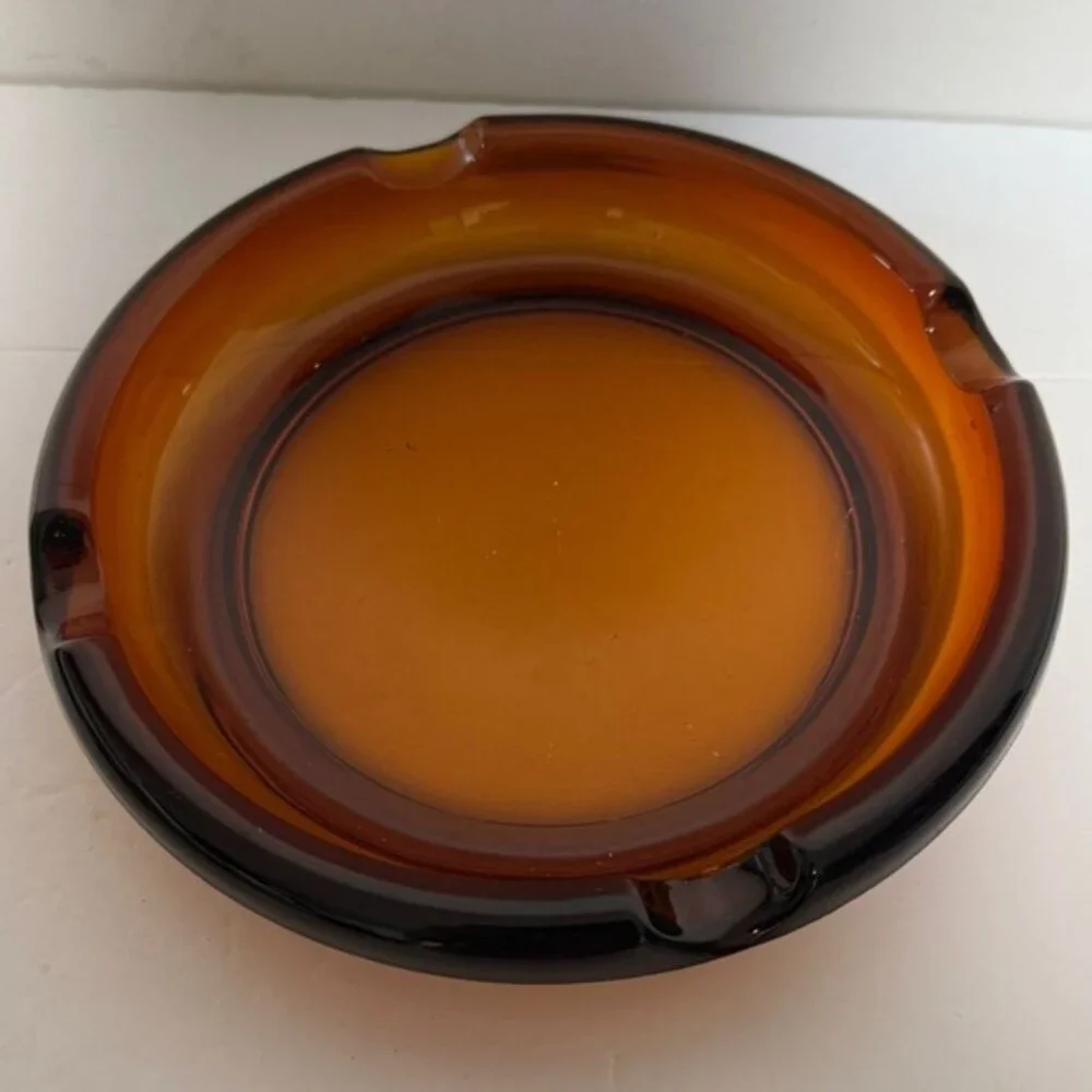 Vintage Amber Glass Ashtray – Mid-Century Modern Heavy Pressed Glass